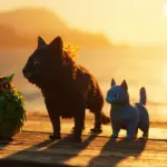 Pokemon Sun and Moon starters Rowlet, Litten, and Popplio in a tropical setting